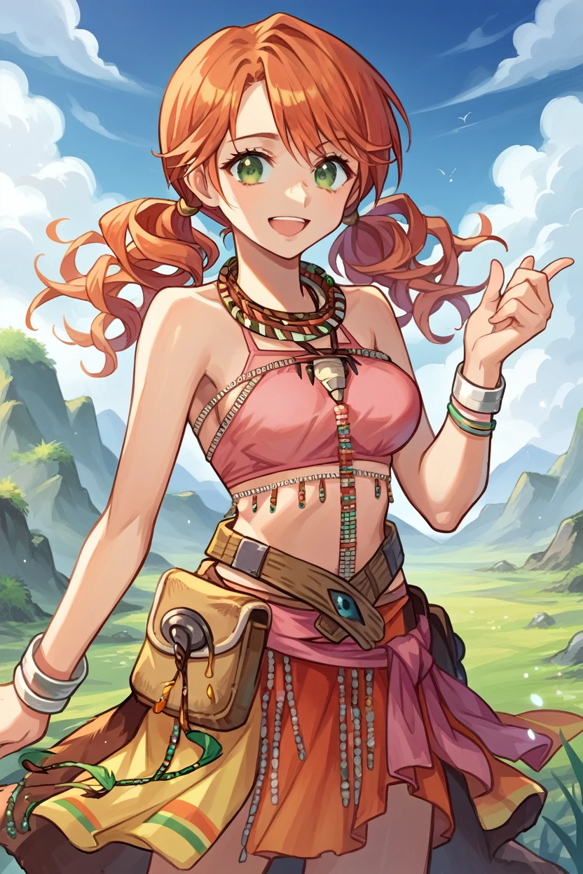 score_9, score_8_up, score_7_up, source_anime BREAK 1girl, solo,  vanille, twintails, green eyes, tribal jewelry, necklace, bracelet, beads, pink crop top, belt, sarong, clothes around waist, waist up, rock formations, blue sky, field, landscape, cloud trails, looking at you, happy, open mouth, medium breasts