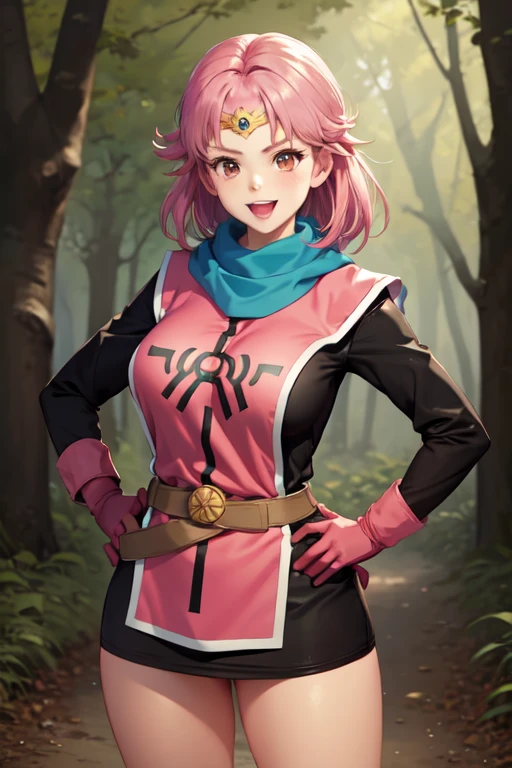 masterpiece, best quality,  priMaam, medium hair, blue scarf, circlet, short dress, pink tabard, black sleeves, belt, gloves, looking at viewer, :D, furrowed brow, forest, large breasts, looking at viewer, smile, hand on hip, village, forest