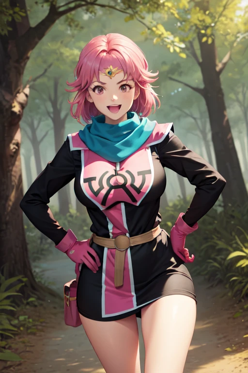 masterpiece, best quality,  priMaam, medium hair, blue scarf, circlet, short dress, pink tabard, black sleeves, belt, gloves, looking at viewer, :D, furrowed brow, forest, large breasts, looking at viewer, smile, hand on hip, village, forest