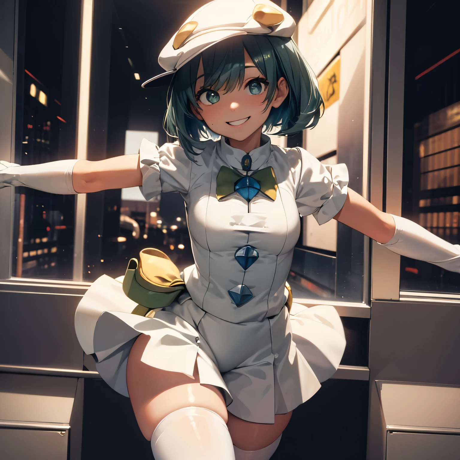 (insanely detailed, beautiful detailed face, masterpiece, best quality), ((masterpiece)),((best quality)),(highres), bokeh, looking at viewer, solo, 1girl, cowboy shot, aether foundation employee, white headwear, white gloves, short sleeves, uniform, white clothes, pouch, thigh boots, gloves, white pantyhose, short shorts, white cabbie hat, white uniform, white gloves, white elbow gloves, short sleeves, white headwear, cabbie hat, jumpsuit, short sleeves, smiling, medium breasts, komeiji_koishi_touhou, third_eye, hat, green_eyes, short_hair, green_hair, ribbon, smile, bow, heart, bangs, hat_ribbon, white hat_bow, hair_between_eyes, white headwear,