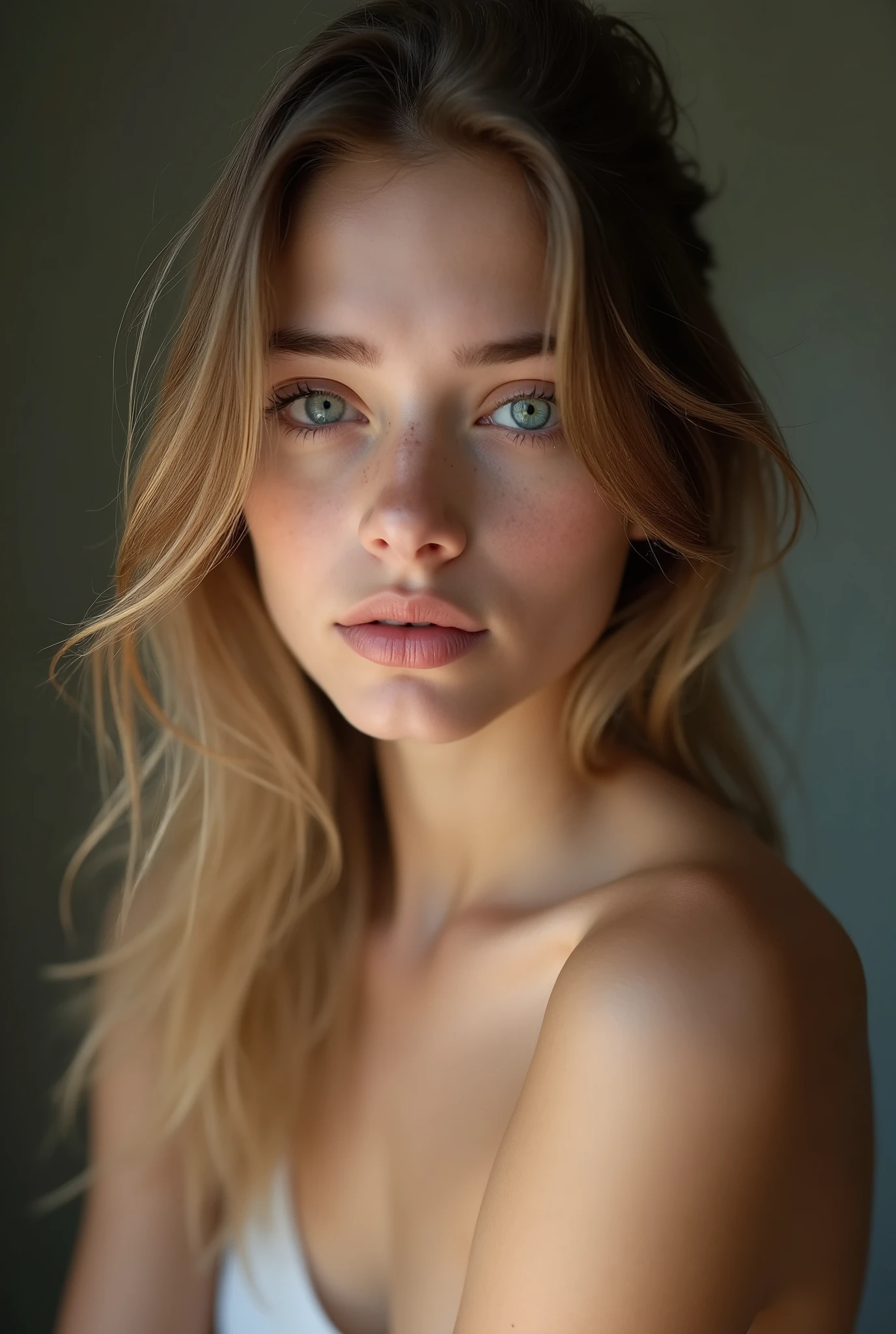 ((photorealistic, ultra realistic, masterpiece: 1.3, 8K, Best Quality)), 24-year-old blonde, beautiful perfect athletic face, looking into camera, Fujifilm XT3, specular lighting, dslr, ultra quality, sharp focus, tack sharp, dof, film grain, (centered), (cleavage), detailed (textures!, hair!, shine, color!!, imperfections:1.1), crystal clear, center of frame, sharp focus, bokeh, (dimly lit), low key, detailed skin pores, light tan, brown eyes