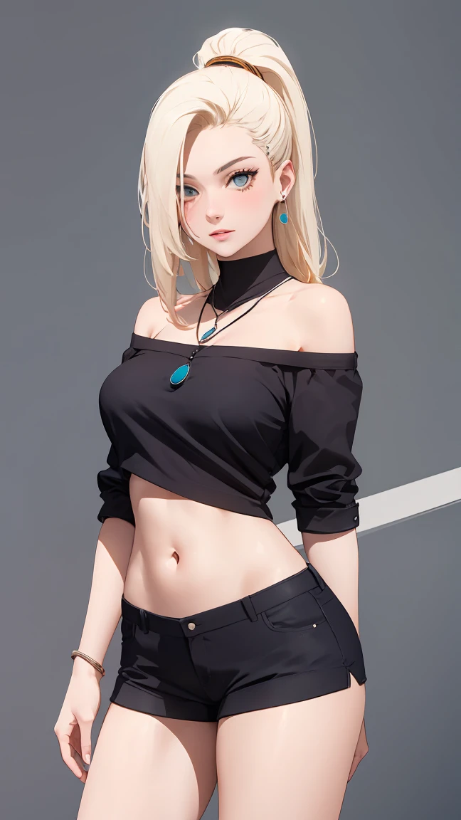 yamanaka ino, shaved armpits, long blonde hair, bangs, masterpiece,
BREAK (off-shoulder shirt, shorts, jewelry, pendant:1.2),
BREAK full bodyesbian,Standing on the ground,Slim,long leges,Stand up straight,nothing background,Slim,extra long leg,A sagging breast,arms behind back,
BREAK ((top quality, 8k, masterpiece: 1.3, ultra hd, high quality, best quality, high definition, realism)), sharp focus: 1.5, Beautiful woman with Slim body, (perfect hands, perfect anatomy),