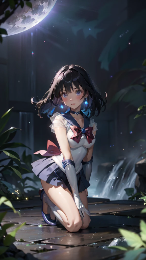 master piece,best quality,ultra detailed,8k,
ambient light,realistic skin,glossy skin,
（sailor_saturn）、sailor moon outfit、
（lie face down：1.3）、（the body is very wet：1.5）、Yukata、Glossy lips、Slightly emphasize the lower lip、blush、Embarrassed expression、emphasizing the cleavage、
Fantastic night sky、full moon、aurora、horizon、(((waterfall)))、One girl, solo, High resolution, Anatomically correct, Best Quality, High resolution, masterpiece, Best Quality, Textured skin, Very detailed, Ultra high definition, 