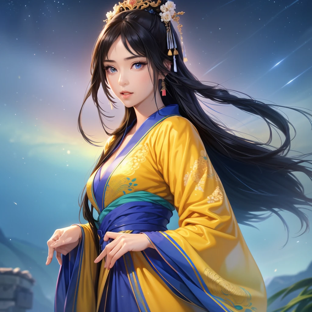 Starry sky scenery、meteor、Outdoor、 Han Dynasty Landscape Painting、Three Kingdoms、(Highest quality,4K,8K,high resolution,masterpiece:1.2)、Very detailed, high resolution,、Ultra HD、Studio Lighting、Ultra-fine painting、 Clear focus、 Physically Based Rendering、 Very detailed説明、 Professional、 Vibrant colors、Traditional Chinese painting techniques、 Atmospheric lighting、 Sharp color contrast、 Ethereal atmosphere、Very detailed目と顔、 Attention to detail、 There is light on the face、Hanfuを着た少女、(Hanfu: 1.1)、Eyes are green、(((1 girl)))、Hanfu Anatomically Correct Big Breasts Cleavage Widow Face