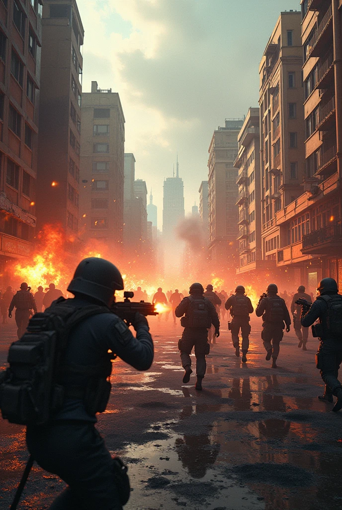 soldiers are walking down a street with a fire in the background, with anamorphic lenses, inspired by Tadeusz Dominik, attack zombie during worldwar 2, epic scene full of computers, screengrab, maxon one, the crowd flees the village, tanks crashed, riot entertainment, warsaw, orcs, holy imagery --auto --s2