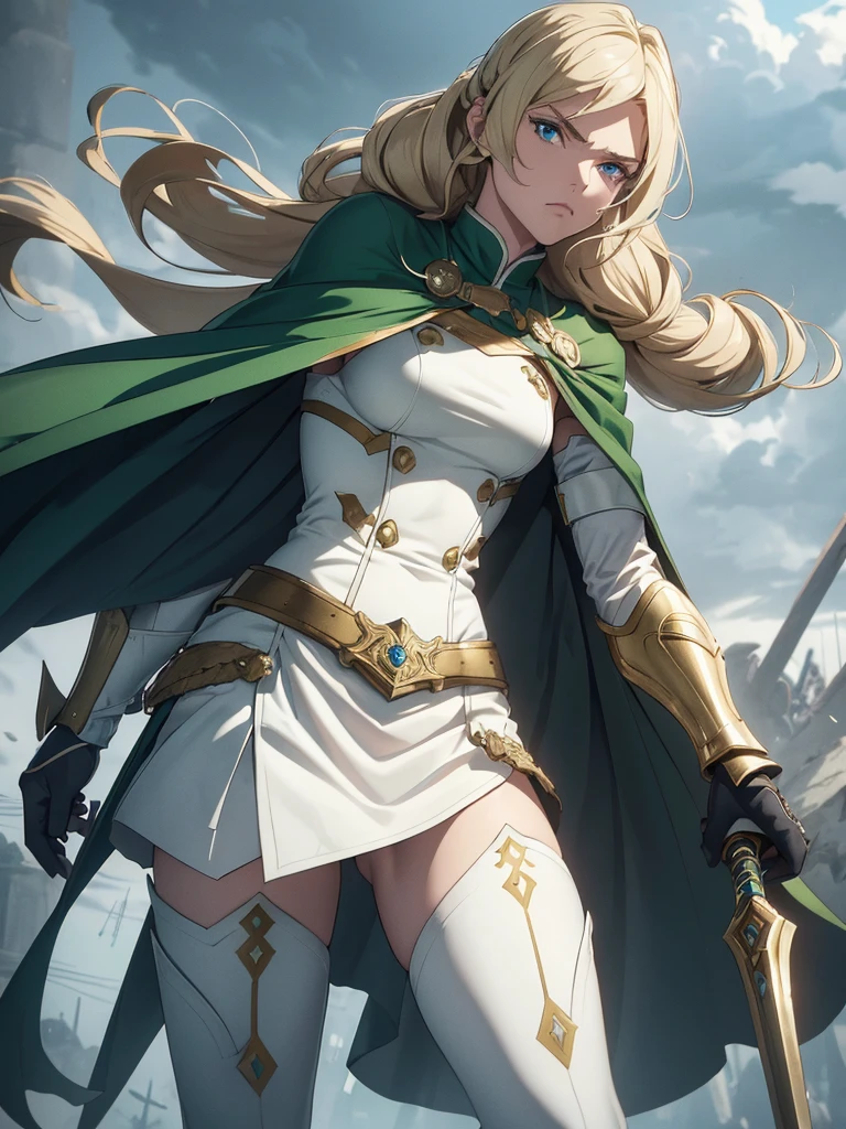 (8K, ultra detailed, stylized, realistic:1.3), 1 anime warrior woman, Long blonde hair, slightly wavy and styled with small side braids, serious and focused look, bright blue eyes, dressed in stylized light armor in green and white tones with gold details, His outfit combines protection and mobility, holding a long, sharp-bladed spear in both hands, white high boots with metallic details, firm stance and ready for battle, green cape waving with the movement, background of a ruined battlefield with cloudy skies, epic and heroic atmosphere, highlighting the bravery and strength of the warrior.