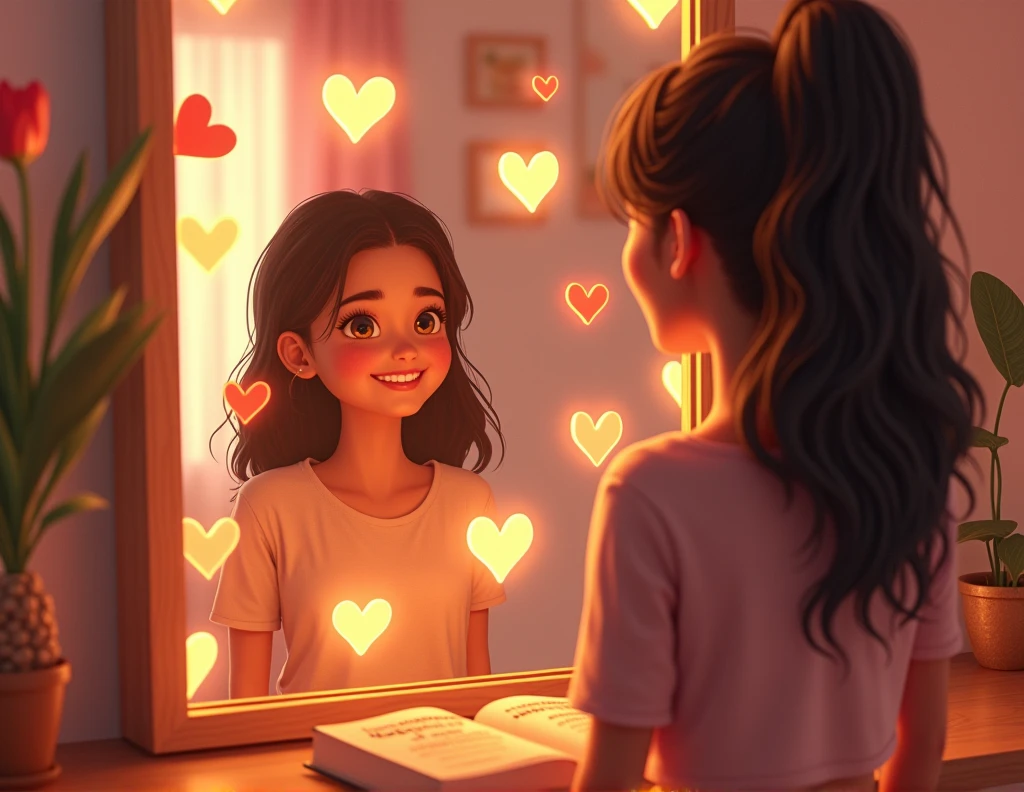 Design an image of a person standing in front of a mirror in a softly lit room. The reflection shows not just their face but a glowing heart at their chest, symbolizing the good they hold inside. The mirror is framed by small twinkling stars representing their inner strength and potential. Surrounding them are simple everyday objects like a cup of coffee, a book and a potted plant, symbolizing the simple things that can bring joy and change to their day. The overall mood should be warm and introspective.