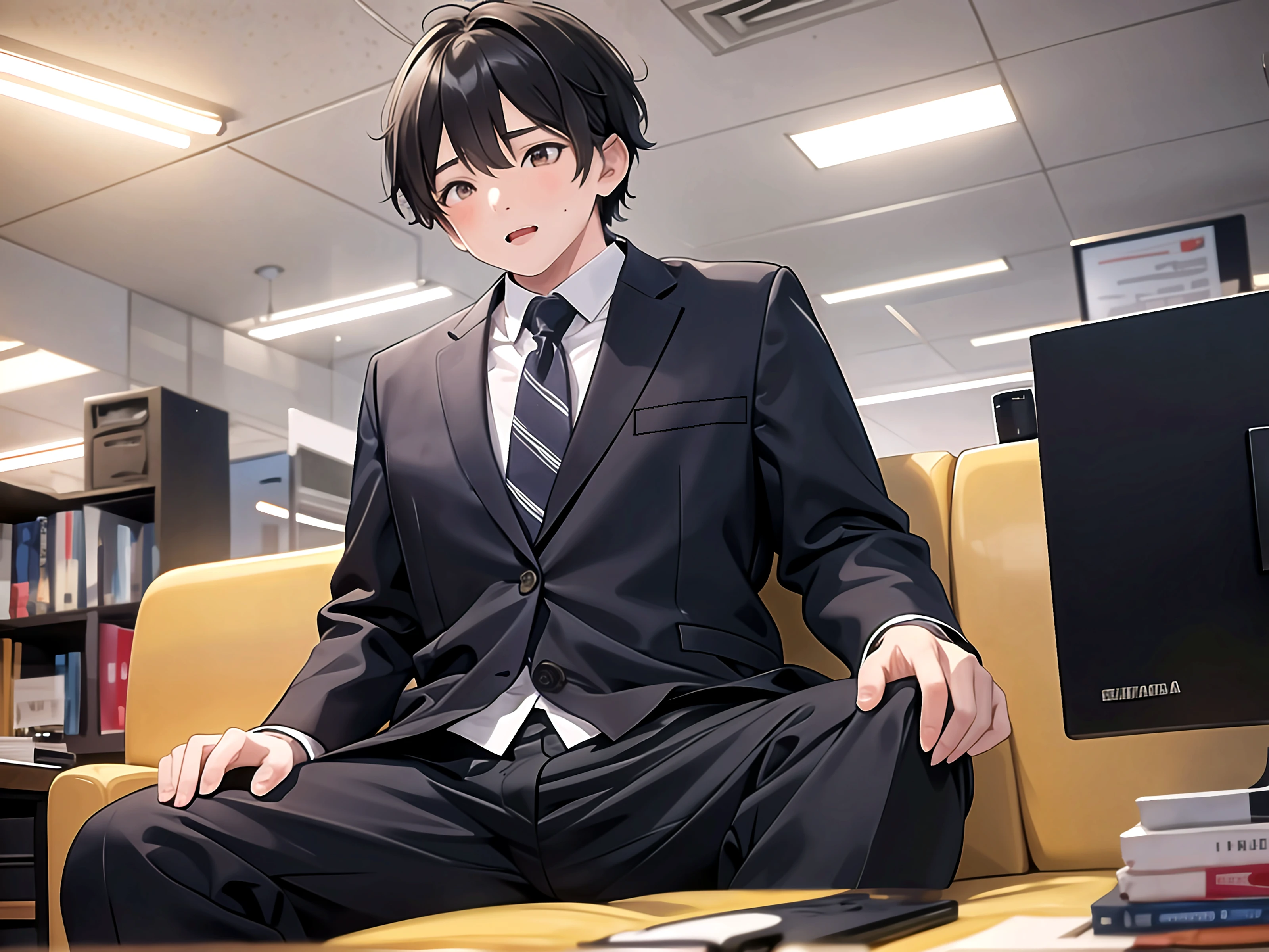 A high resolution, Sharp focus, Pixiv masterpiece, ((Complicated details)), highly detailed, natsuki_subaru, 1 man, with her mouth open,full bodyesbian,sit astride, Golden eyes(eyes glowing), blond hairbl, The shirt,Drenched,Gold tie,trousers,thongs,perspire,look from down