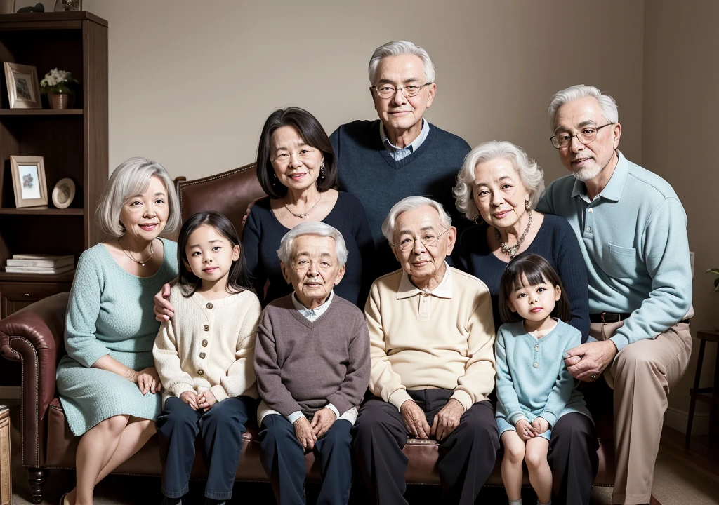 A family photo with grandparents, parents, a son, a daughter and a cat