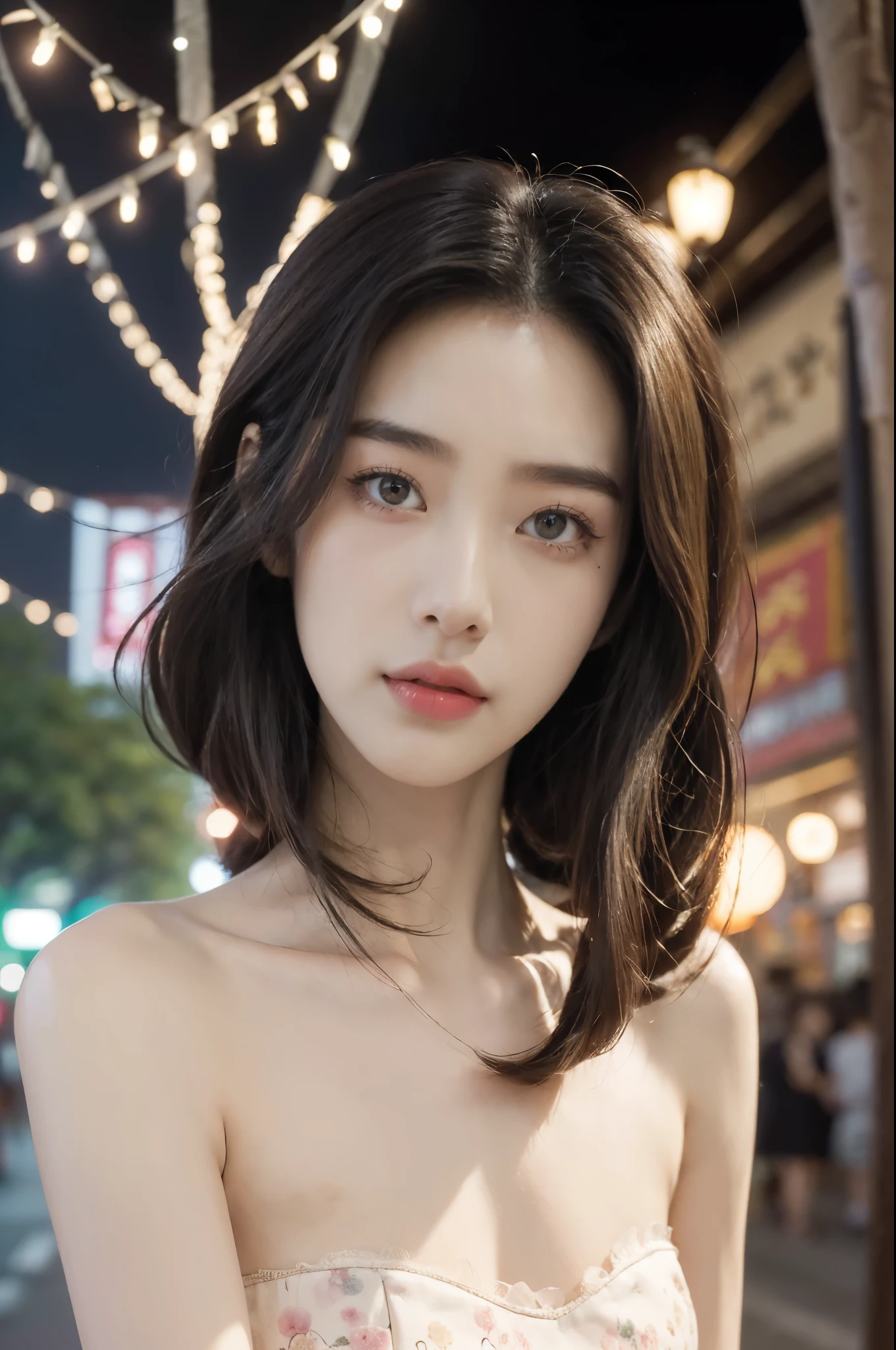 ((Realistic lighting, Best quality, 8K, Masterpiece: 1.3)), Clear focus: 1.2, 1girl, Perfect Figure: 1.4, Slim Abs: 1.1, ((Dark brown hair)), (White crop top: 1.4), (Outdoor, Night: 1.1), City streets, Super fine face, Fine eyes, Double eyelids,
