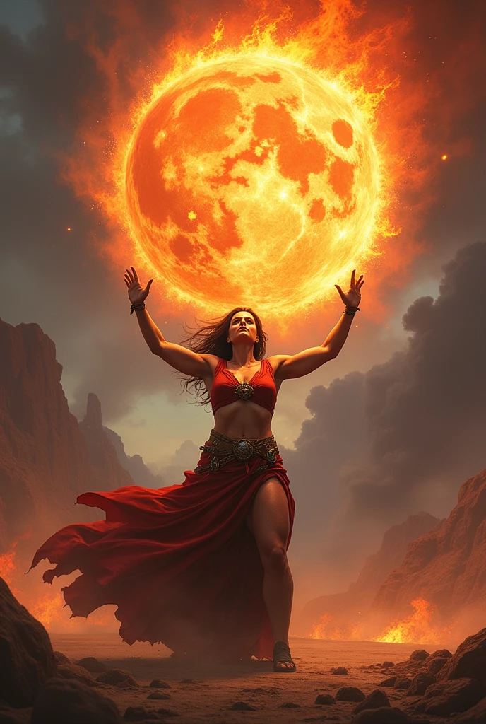 solo, 1girl, ((best quality)), ((masterpiece)), (detailed), 4k, very small goblin girl, bright red skin, pointy ears, fire hair, eyes closed, on fire, sheer red cape, smoldering, looking at viewer, sexy smile, visible midriff, dynamic pose, cinematic still, at a big dance party, dancing, cheering, excited, very happy, celebrating, jumping, joyful, action pose,