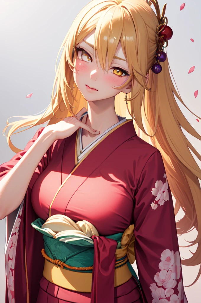 Misaki Shokuhou, (Symbol-shaped pupil:1.5), + +, Blonde, Hair between the eyes, Long Hair, (Yellow Eyes:1.5), (Medium Breast:1.2), (japanese clothes, red Kimonos:1.5, floral print, Kimono, print Kimono, sash, wide sleeves, Heart), beautiful girl wearing traditional japense komona, break outdoor, Many red cherry blossom petals fall one after another, break looking at viewer, upper body, break (masterpiece:1.2), Best Quality, High resolution, unity 8k wallpaper, (figure:0.8), (Beautiful attention to detail:1.6), Highly detailed face, Perfect lighting, Highly detailed CG, (Perfect hands, Perfect Anatomy), (3D Face:1.1), (Shiny skin:1.5), (超High resolution intricate face details), (Facial skin pores:1.3), 超High resolution cloth texture, one eye closed, Blushing, Swayback stance:1.5, arms behind back, head tilt:1.3