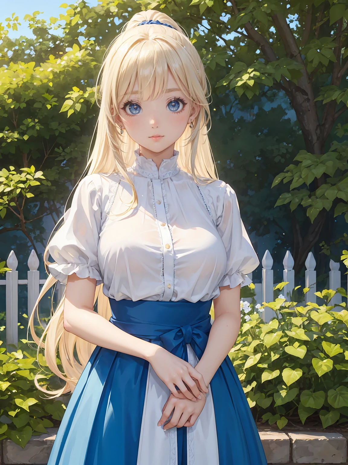 (masterpiece:1.2), (highest quality:1.2),, Curvy but slender body, perfect eyes, perfect face, perfect lighting, 1 girl, in the garden, (blouse),(skirt),(maid),(ponytail),curly hair, fine clothes, detailed outdoor background, compensate, eye shadow, thick eyelashes, fantasy, looking at the viewer, whole body、blue sky、Bright and beautiful face、young shiny glossy white shiny skin、the best beauty、the most beautiful bright blonde hair in the world、thin hair、long hair、Shining beautiful bangs、big shining blue eyes、very beautiful and nice 18 years old, the most beautiful girl in the world、small breasts、a sexually excited look、tits、nipple、((she shows panties、skirtを持ち上げる))