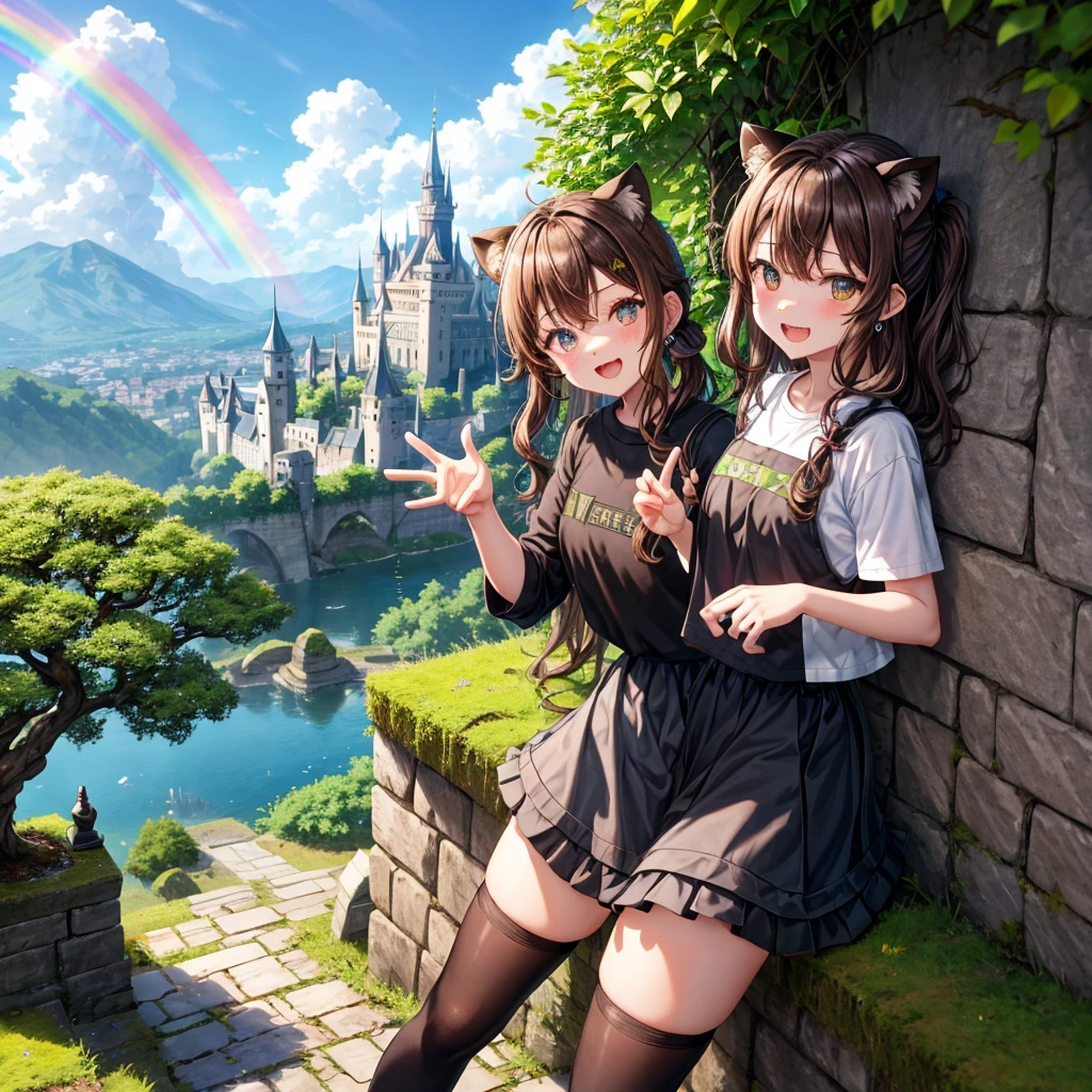 mate piece, highest quality,Super detailed,masterpiece, (city:1.3), (many balloons flying,theme park city background:1.2), ((Close-up)), ((face focus)), by 2 person, girl on the right(((Kemonomimi girl with black bear ears:1.2)), ((black hair berry berry short:1.3)), plump and glossy lips, (beautiful purple eyes:1.3), spoken heart, (best smile), spoken heart, (cute pose:1.2), perfect hands, (school uniform:1.2), (Body-fitting beige cardigan:1.4), ((long sleeve, sleeves past the wrist):1.2), (white collared shirt underneath:1.3), ((raise button, Not loose):1.5),(red plaid pleated skirt:1.3), ((dark brown pantyhose):1.2)), girl on the left(((Kemonomimi girl with black bear ears:1.2)), ((black hair berry berry short:1.3)), (One eye is hidden by hair:1.5), big breasts, plump and glossy lips, spoken heart, (best smile), spoken heart, (cute pose:1.2),perfect hands🖐, (blue blazer school uniform:1.2), (Blouse with large open collar:1.3), red skirt), highest quality, masterpiece,
