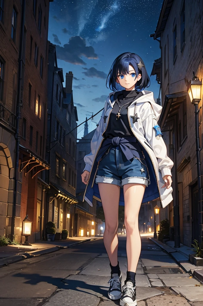 Cathedral in the background、Medieval street at night,　Shining Star、Wide Road、Young Face, White jacket,Medium Hair, Black and blue hair,blue eyes, I wore shorts、Wear sneakers、One sheathed sword on your waist