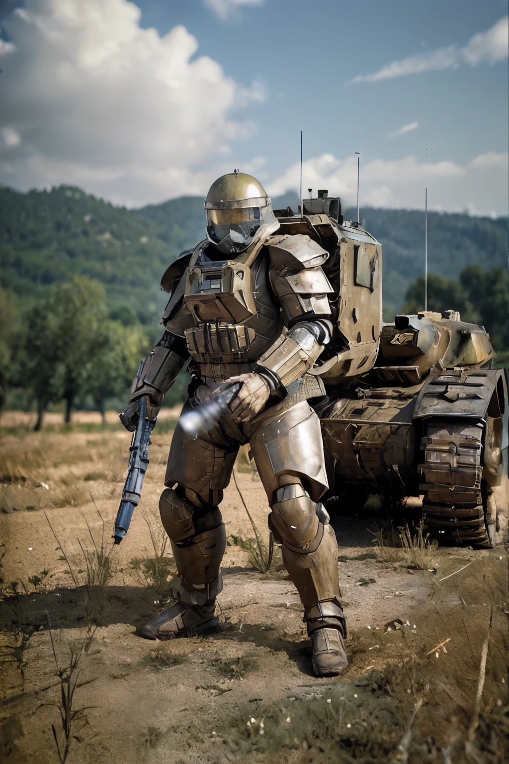 (masterpiece, Realistic:1.3), French countryside, Field, glass, Beautiful views, null, oil, detailed, 4k Texture, Sand Dust, Sand Dust, (machine warrior ZbV3000), New weapons, Armored Combat Suit, A humanoid weapon equipped with armored vehicle-level firepower and ceramic armor., Infrared laser, Panzerfaust, Folding Cannon, Scope Camera,