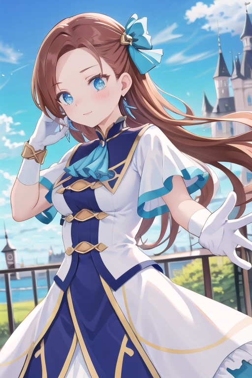 masterpiece, (Best quality:1.2), highres, (scenary:1.2), light, 1girl, solo, KatarinaClaes, asymmetrical bangs, earrings, hair bow, blue dress, long dress, high collar, ascot, brooch, white gloves, bracelet, scenary /( Royalty castle/), ruffles,