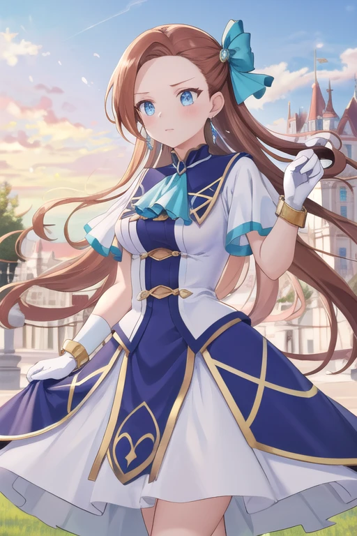 masterpiece, (Best quality:1.2), highres, (scenary:1.2), light, 1girl, solo, KatarinaClaes, asymmetrical bangs, earrings, hair bow, blue dress, long dress, high collar, ascot, brooch, white gloves, bracelet, scenary /( Royalty castle/), ruffles,