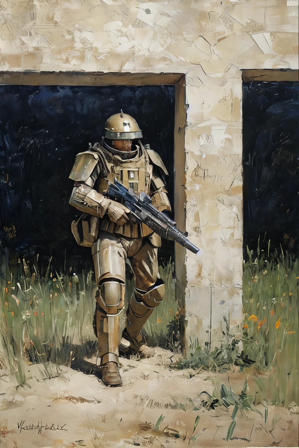 (masterpiece, Realistic:1.3), French countryside, Field, glass, Beautiful views, null, oil, detailed, 4k Texture, Sand Dust, Sand Dust, (machine warrior ZbV3000), New weapons, Armored Combat Suit, A humanoid weapon equipped with armored vehicle-level firepower and ceramic armor., Infrared laser, Panzerfaust, Hand Cannon, Missile Pot, Nose Art,