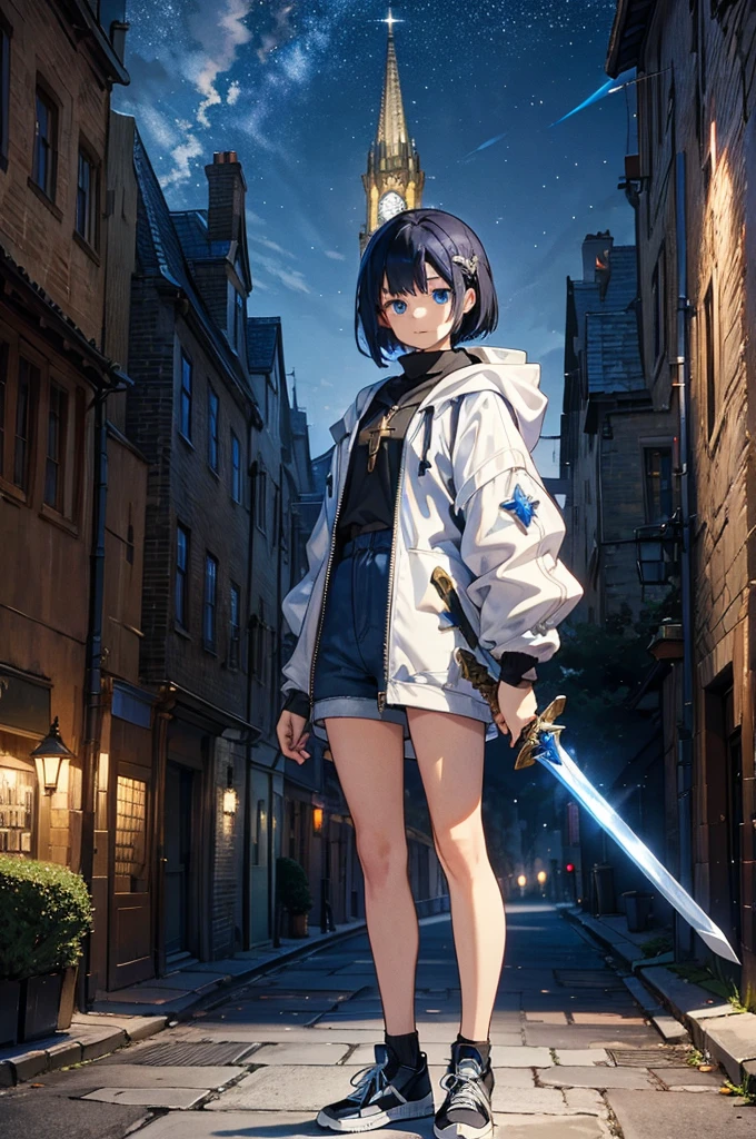 Cathedral in the background、Medieval street at night,　Shining Star、Wide Road、Young Face, White jacket,Medium Hair, Black and blue hair,blue eyes, I wore shorts、Wear sneakers、Holding a sheathed sword in hand