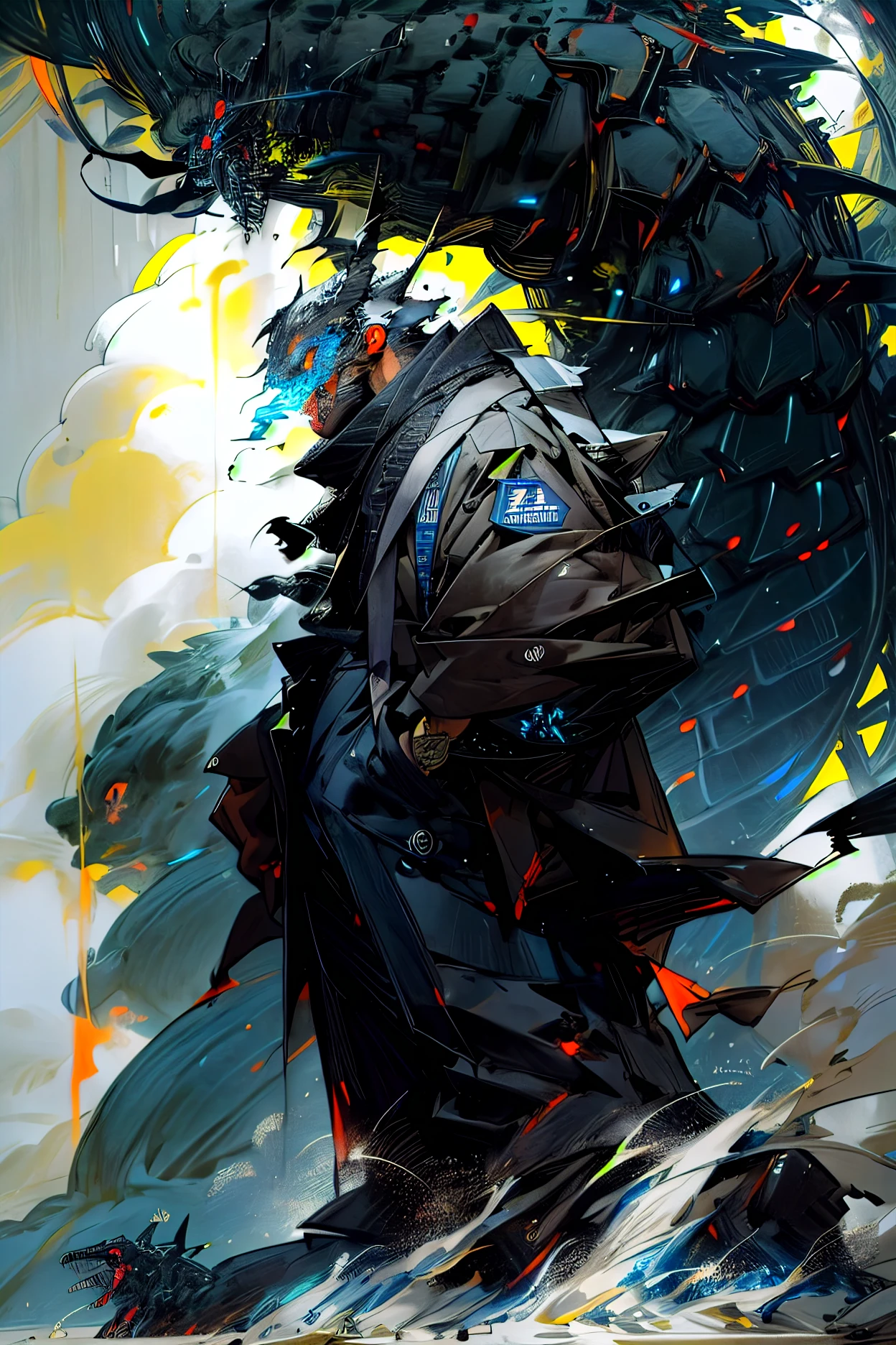 8k, anime, portrait, best quality, ultra high res, ultra detailed, high contrast color tone, extremely detailed lighting, cinematic lighting, soft lights, (masterpiece, high quality:1.4), (kaneki ken, white hair, red and black eye, mask | fangs, sharinggan eyes, white exoskeleton armor , with red scarf, scorpio tentacles), blood, ((full body)), (dynamic pose), orange background, thrilling, (fierce face) dynamic jump pose