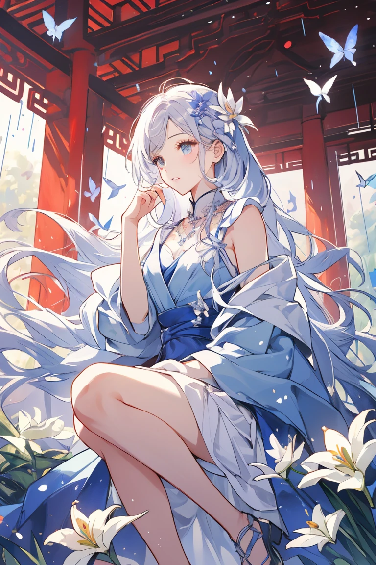 Sweet girl clothes2,pearl necklace,blue dress,flower, ((knee shot)), One hand resting on his lips、There are white butterflies around the hair.，Lilac dendrobium、orange lily、white lilies、1 girl in、fully body photo、White hair、floated hair、Hazy beauty、A plump chest, Chopping, Have extremely beautiful facial features、Hairpin on the head、Lie in the flowers、Drag your chin with both hands、perfect hand、rosette、(springtime、raining day、butterflys、precipice)、 vectorial art、Chinese contemporary art、Soft lighting、intertwined scarves、looking-down