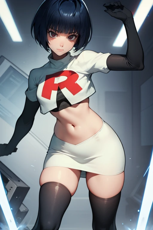 Tae Takemi,rocket,team rocket uniform, red letter R, white skirt,white crop top,black thigh-high boots,black elbow gloves, evil smile, sexy poses