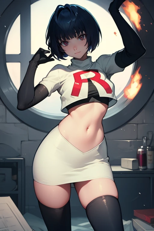 Tae Takemi,rocket,team rocket uniform, red letter R, white skirt,white crop top,black thigh-high boots,black elbow gloves, evil smile, sexy poses