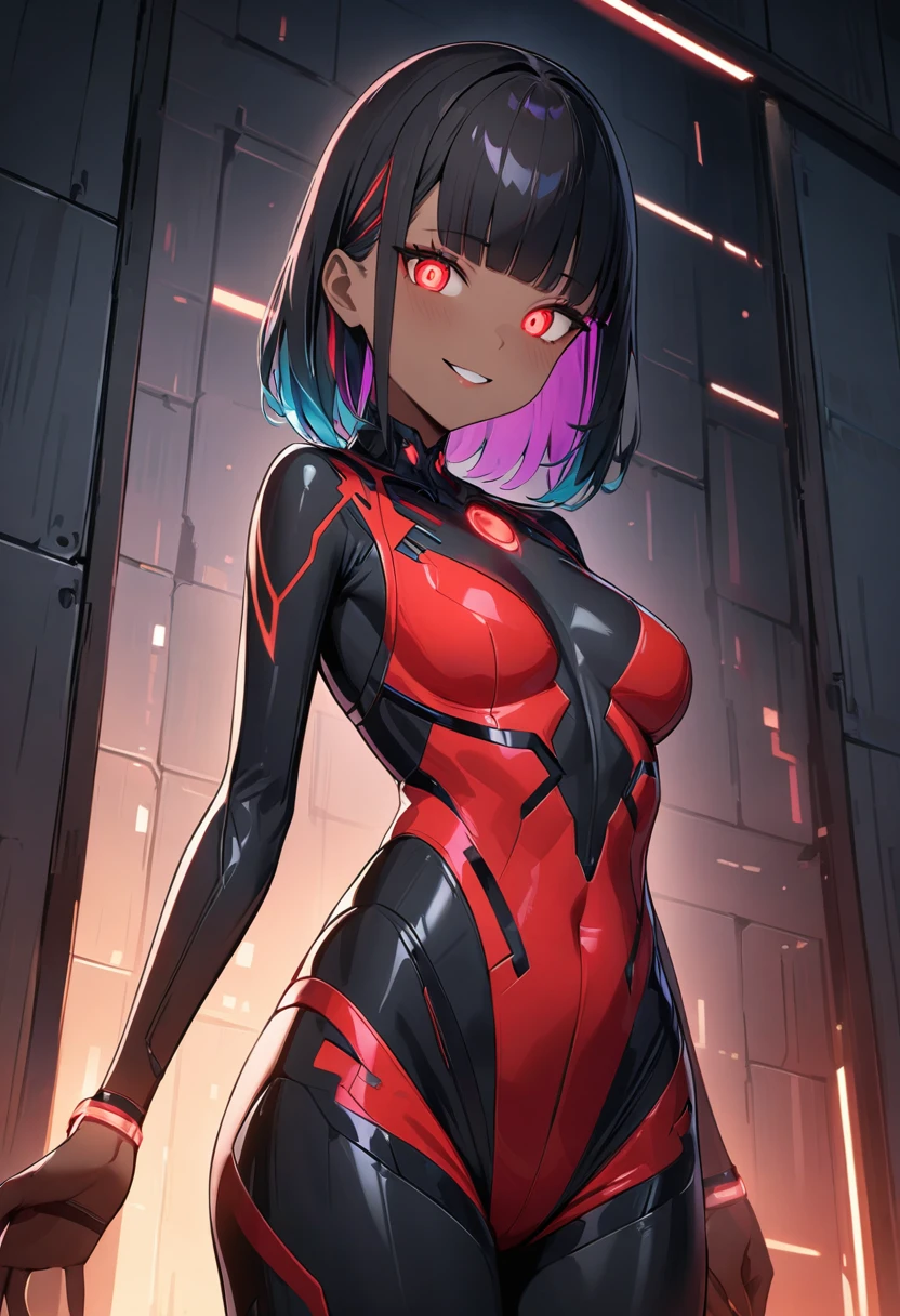 ((piece of master)) ((alta qualidade)) mulher cyberpunk, humana de pele parda-morena mais puxada para preto com cabelo preto encaracolado com liso, mid hair, ((jovem Adulta)), altura de 1,77 metros, nariz um pouco pontudo, half-fleshy lips, bem musculosa no corpo todo, ((pointed jaw)) e seios empinados e bunda empinadas, Wearing red glasses, beautifully designed hands, (cyberpunk: 1.2), , usando um vestido de gala preto com detalhes vermelhos bem elegante, Wearing white tights, bochechas de bunda, corpo perfeito, Super Detalhe, Detalhes altos, alta qualidade, premiados, melhor qualidade, alta resolução, 8k, corpo todo, olhando confiante pra frente, sorrindo meigo, ((anatomicamente correto)), pele texturizada ,morena, suada, noite, Um olhar detalhado, Olhos bonitos,Espalhe e segure as pernas,pernas detalhadas,Hachimaki,Holding the sword with both hands, coxas grossa torneadas, bunda grande Perfeita, (alta qualidade), (realismo), belas sombras, volumeric lighting, espalhamento subsuperficial, good proportions, tom de pele escuro, ombros nus, aprimoramento de detalhes, sardas no rosto, fierce expression, medieval, best anatomy, corpo todo