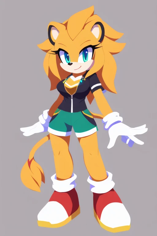 Female, mobian, Jolteon, mane of fur, dark purple eyes, furry, confident expression, grey sports bra, brown tactical belt, black leggings, fuzzy muzzle, light yellow muzzle, fuzzy light yellow fur, long hair