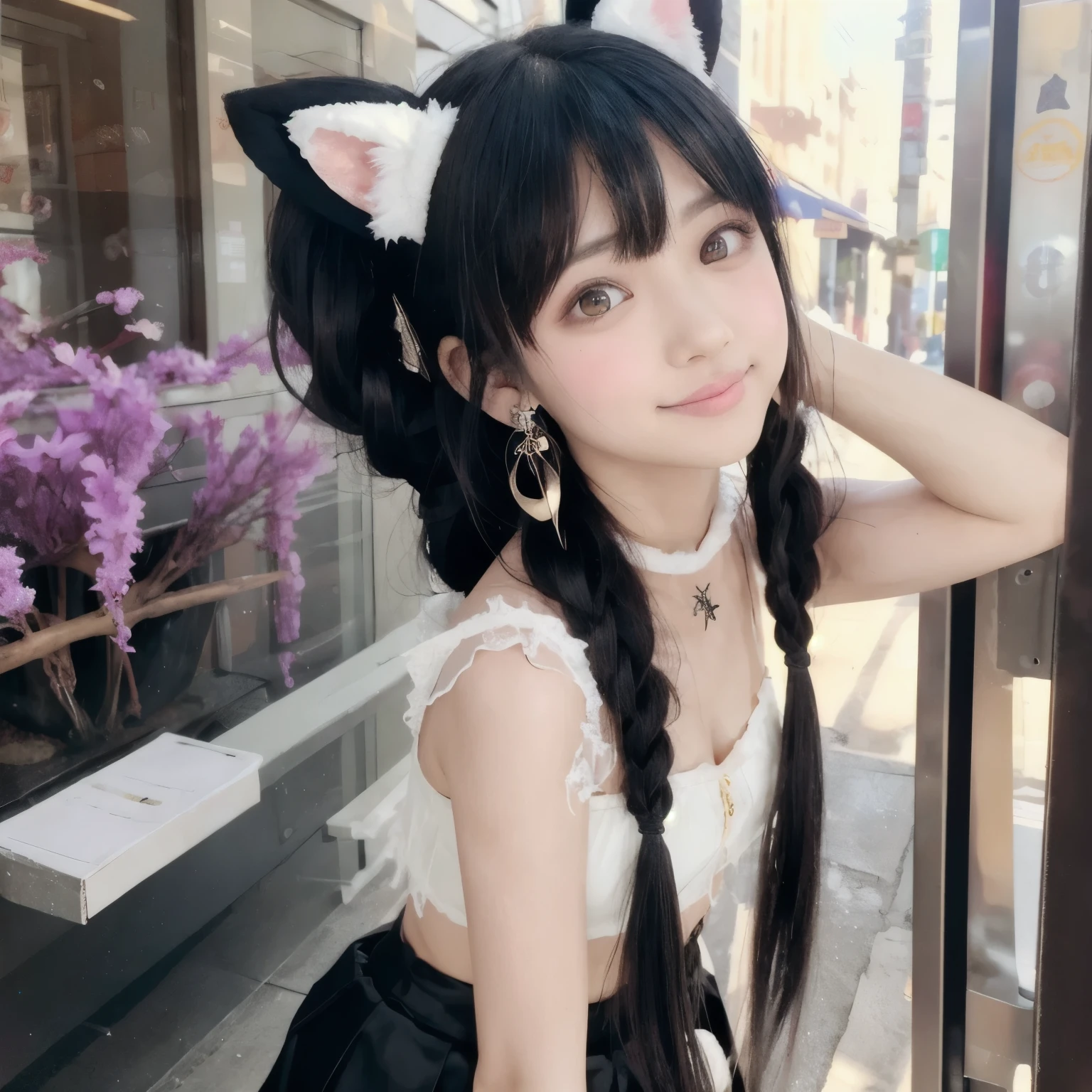 black hair, longeyelashes, solid circle eyes, fake animal ears, light smile, ear blush, fang, ccurate, very long hair, side braid, floating hair, crystal hair, expressive hair, hair over eyes, hair strand, heart ahoge, bunny hair ornament, mismatched pupils, heart earrings, grin, naughty face, Goth, mini skirt, Halloween, Sleeveless, Cross Tattoo, Surrealism, drop shadow, anaglyph, stereogram, tachi-e, throw, atmospheric perspective, Fujicolor, NIKON, f/4.0, 85mm, 8k, super detail, best quality, UHD, retina, masterpiece, accurate, textured skin, high details, anatomically correct, 16k