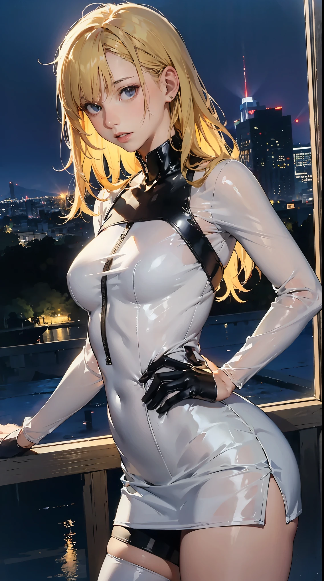 woman,14 years old,,city,night,(((white and blue tight miniskirt bodysuit))),,open mouth smile((See-through))(((Glasses))),((Beautiful long ponytail)),(()),blush、surprised face,((())),((blonde))(((On the way to changing clothes)))(((While undressing)))
