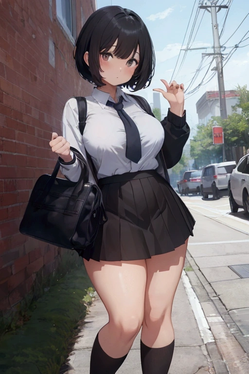 ((top-quality、8K、​masterpiece:1.3))、1 girl、Slender Abs、sofas、hyperdetailed face、A detailed eye、double eyelid、very Bigger breasts、large full breasts、Colossal 、Neat and clean 、short-hair、Straight bob hair、Shorthair with bangs、A smile、 uniform、Panties are visible from the skirt、An 18-year-old woman、Sheer white shirt、Navy blue ribbon at the collar、Dark blue pleated micro mini、sexly、Peek at the viewer、Beautiful graphics、Bright school building with strong sunlight、Show me your whole body、is standing、Plump panties、Detailed female genital shapes、Black pantyhose、(Facing the front)(((Blushing cheeks、embarassed expression)),(((The skirt is rolled up by the wind)))、Showing white panties、depth of fields、Bokeh in the background、Exposing the breasts、Bare your breasts