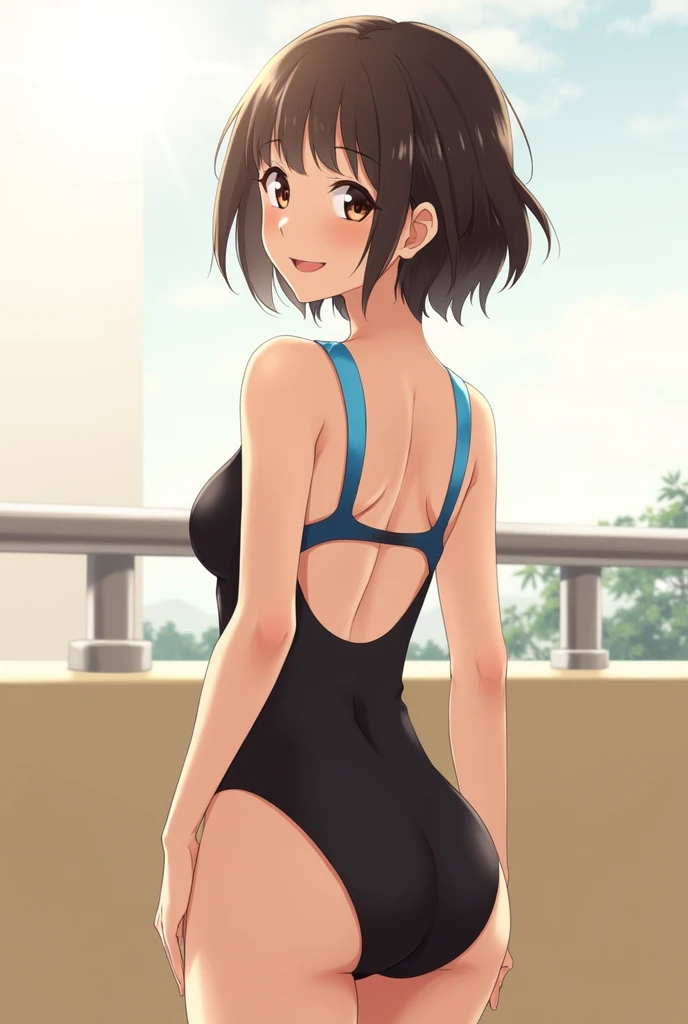 masterpiece, best quality, highres, 1girl, suzumiya haruhi, solo, superhero, leotard, bare legs, brown hair, short hair, brown eyes, hairband, medium hair, ribbon, boots, matching boots, medium breasts, cowboy shot, standing, smile, outdoors,