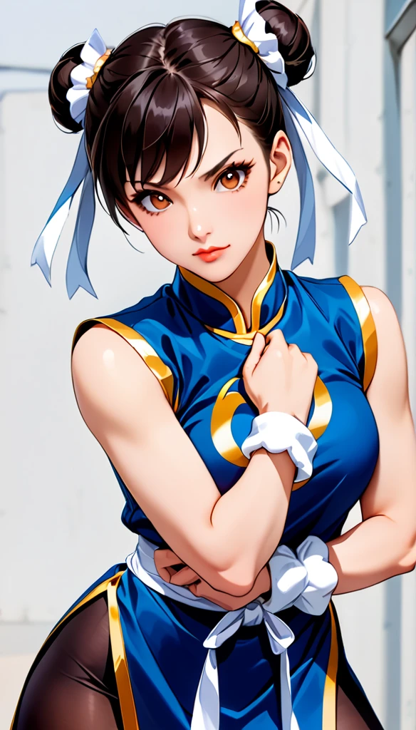 Blue apron split in two in the middle on the back side,Blue apron from the front waist down,Wear black bangles with silver spikes on both hands,Fine black tights,score_9, score_8_up, score_7_up, BREAK, score_9, 1girl, chun-li,street fighter, black hair, brown eyes, eyelashes, short hair, breasts, looking at viewer, standing pose, lips, blue costume,Chun-Li costume, Blue costume with gold embroidery, blue vest, sleeveless, cowboy shot