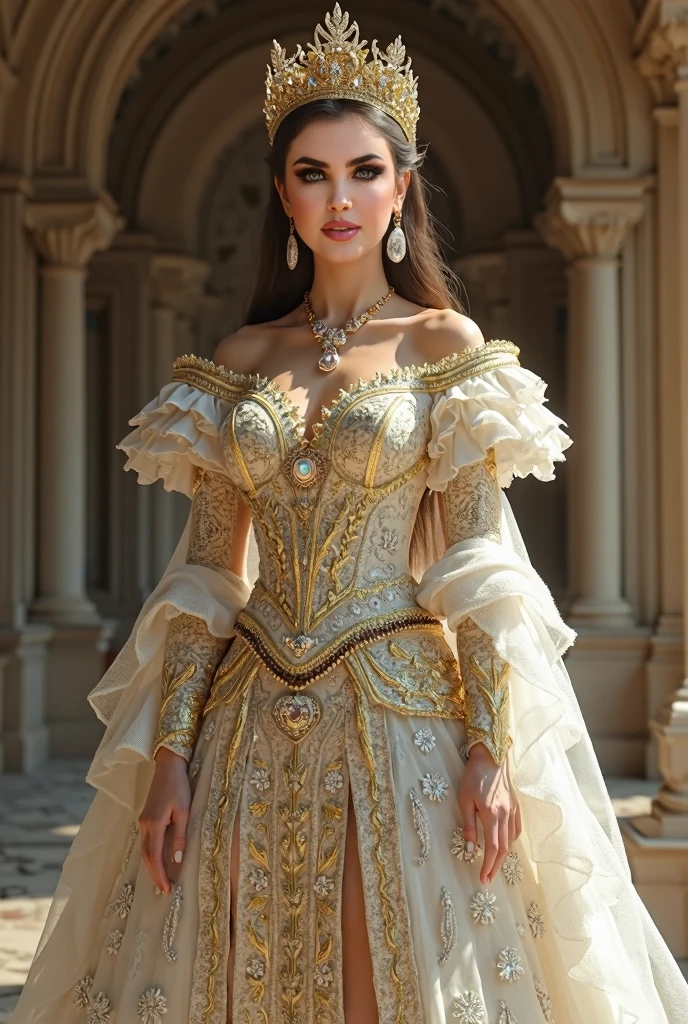 Craft a high-quality, hyper-realistic image of the influencer posing in a couture gown amid a fantastical landscape. Utilize creative angles and lighting to accentuate the intricate details of the garment, while maintaining a sharp focus on the model's captivating expression. This award-winning photograph transports viewers to a world of fashion fantasy, where elegance meets imagination.