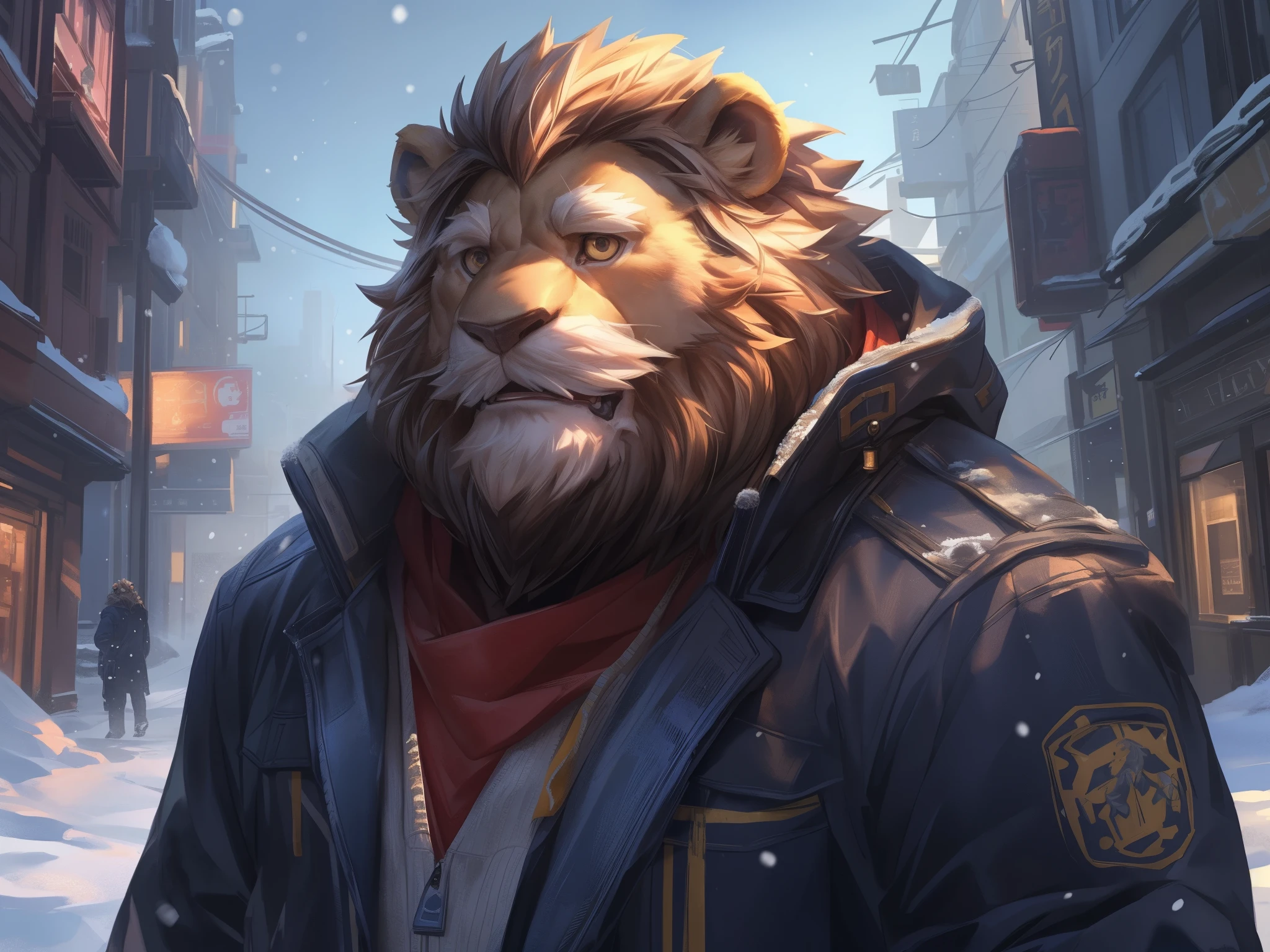 by_lindong, digital art, masterpiece, solo, 1boy, 1man, Huge muscular lion, snow, fur jacket, old, bearded, mustache, urban city, cute, cute expression, focus eyes, detailed ,detailed muscle, background