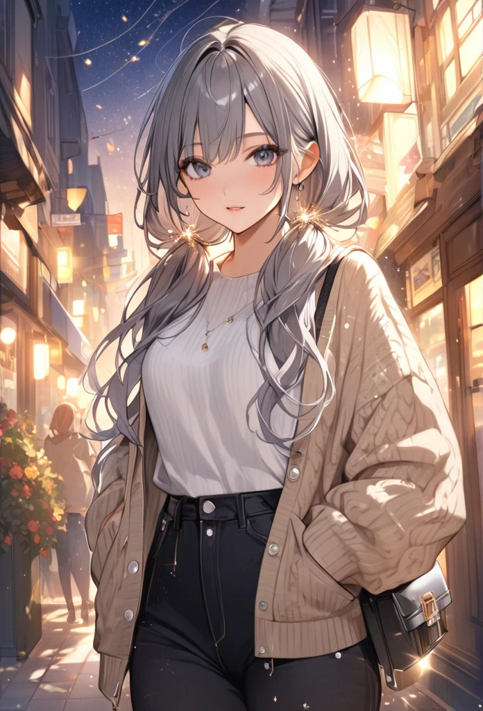 Highest quality　masterpiece　High resolution　Masterpiece Grey Eyes　Low Twintails、
Casual fall outfits　、
flowerpunk、Sparkling light particles、Vivid gradient effect