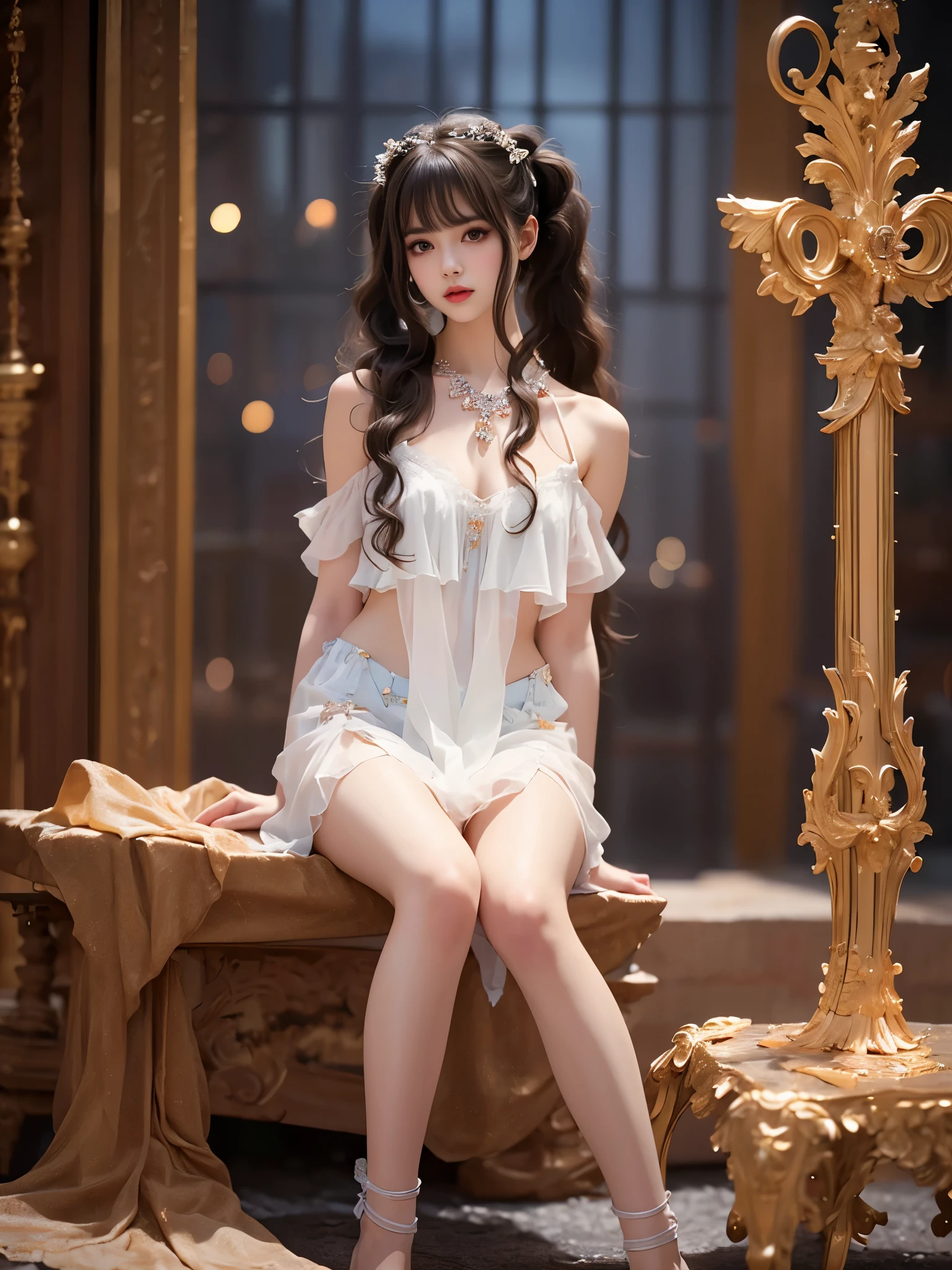 1girl,brown hair,twintails,holding straight staff, Dark style realistic beauty,Full body shot of a young woman sitting, Slim figure, Full breasts, Sitting elegantly,Cross your legs naturally,Proportional coordination, (Focus on natural body posture and correct anatomy:1.3), (Perfect leg proportions:1.3)，(True and accurate leg shape:1.2), High heel,Exquisite facial features,Bright and beautiful eyes,Long and thick eyelashes,High nose bridge,Full, rosy lips,Fair and smooth skin,Soft long hair shawl,Smoky Eyes,Understated and gorgeous jewellery,Low-Key Ambience,Side lighting,Strong contrast between light and dark,4k ultra high definition,Professional soundstage,Cinematic