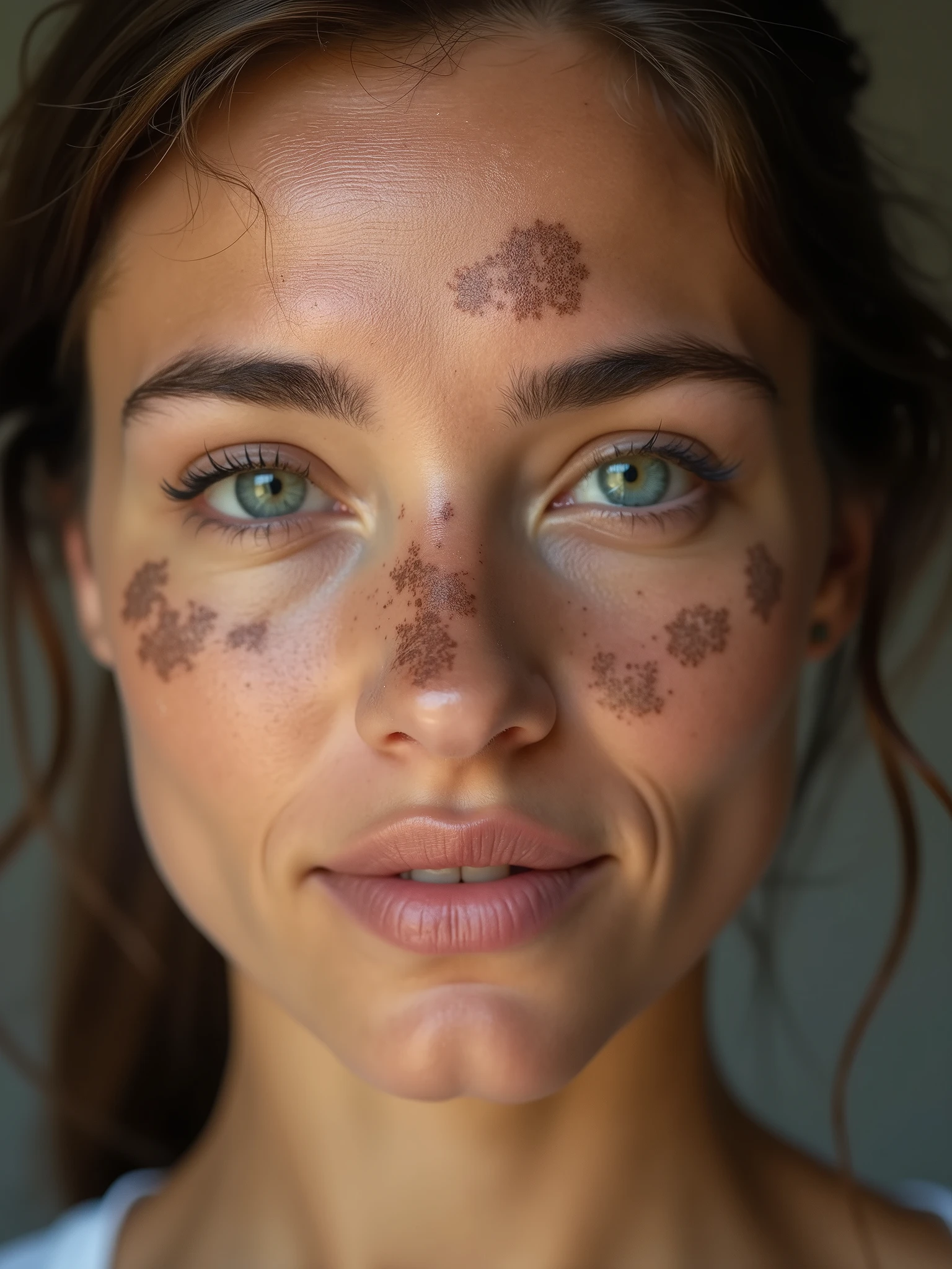 Create a photo of a 40-year-old woman with melasma spots on her face