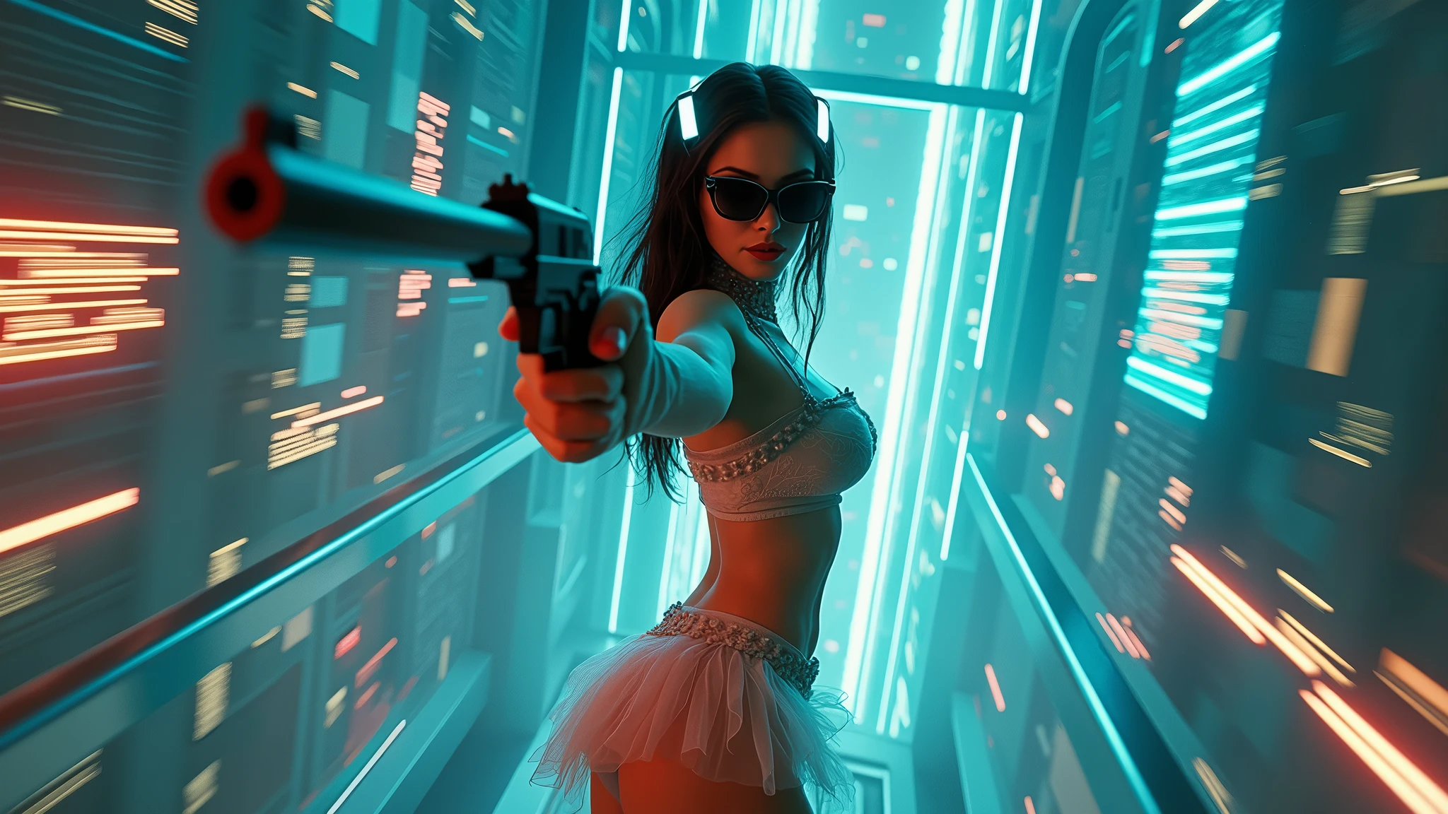 (((a medium-breast bikini slim GIRL with black micro sunglasses))), (((aiming at viewer with a pistol))), a balcony of a futuristic building, aerial view of an ultra-futuristic megalopolis, many metal buildings and houses in dark colors from dark blue to black, a cidade tem tons de cinza metal, has smoky metal structures , industrial environment with smoke and fog around, carros escuros nas ruas, desert megalopolis, trilhos e trens modernos de de metal passando estre as ruas da cidade, tall futuristic metal buildings, many ultra modern buildings around, realistic, detailed, sci-fi.