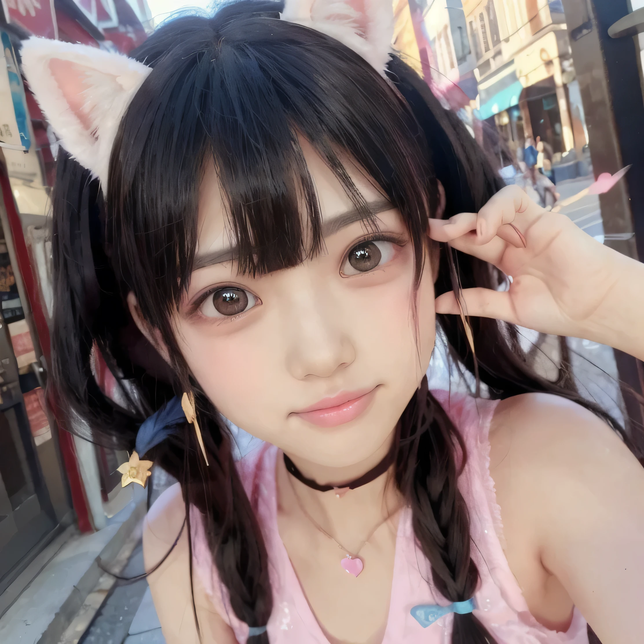 longeyelashes, solid circle eyes, fake animal ears, light smile, ear blush, fang, ccurate, very long hair, floating hair, crystal hair, expressive hair, hair over eyes, hair strand, heart ahoge, bunny hair ornament, mismatched pupils, heart earrings, grin, naughty face, ゴス, ミニスカート, ハロウィーン, Sleeveless, Cross Tattoo, twin drills, pink hair, symbol-shaped pupils, Surrealism, drop shadow, anaglyph, stereogram, tachi-e, pov, atmospheric perspective, Fujicolor, Nikon, f/4.0, 85mm, 8k, super detail, best quality, UHD, retina, masterpiece, accurate, textured skin, high details, anatomically correct, 16k