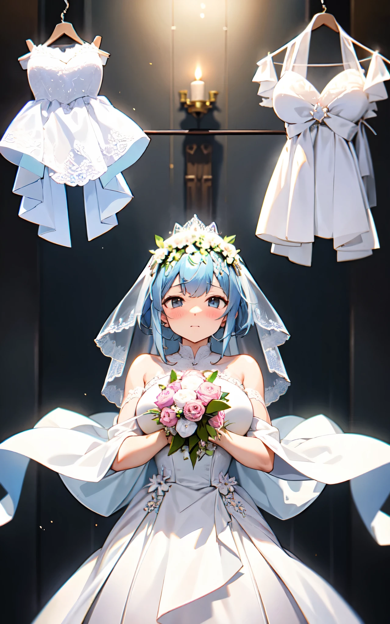 NSFW,masterpiece,Highest quality,High resolution,Super detailed,Sinon\(Sword Art Online\),(Quality Wedding Dresses),Wedding Veil,tiara,gem, hair ornaments, Hair Clip,Embarrassed,Watery eye,smile,blush,Church at night,Luxurious Room,wedding