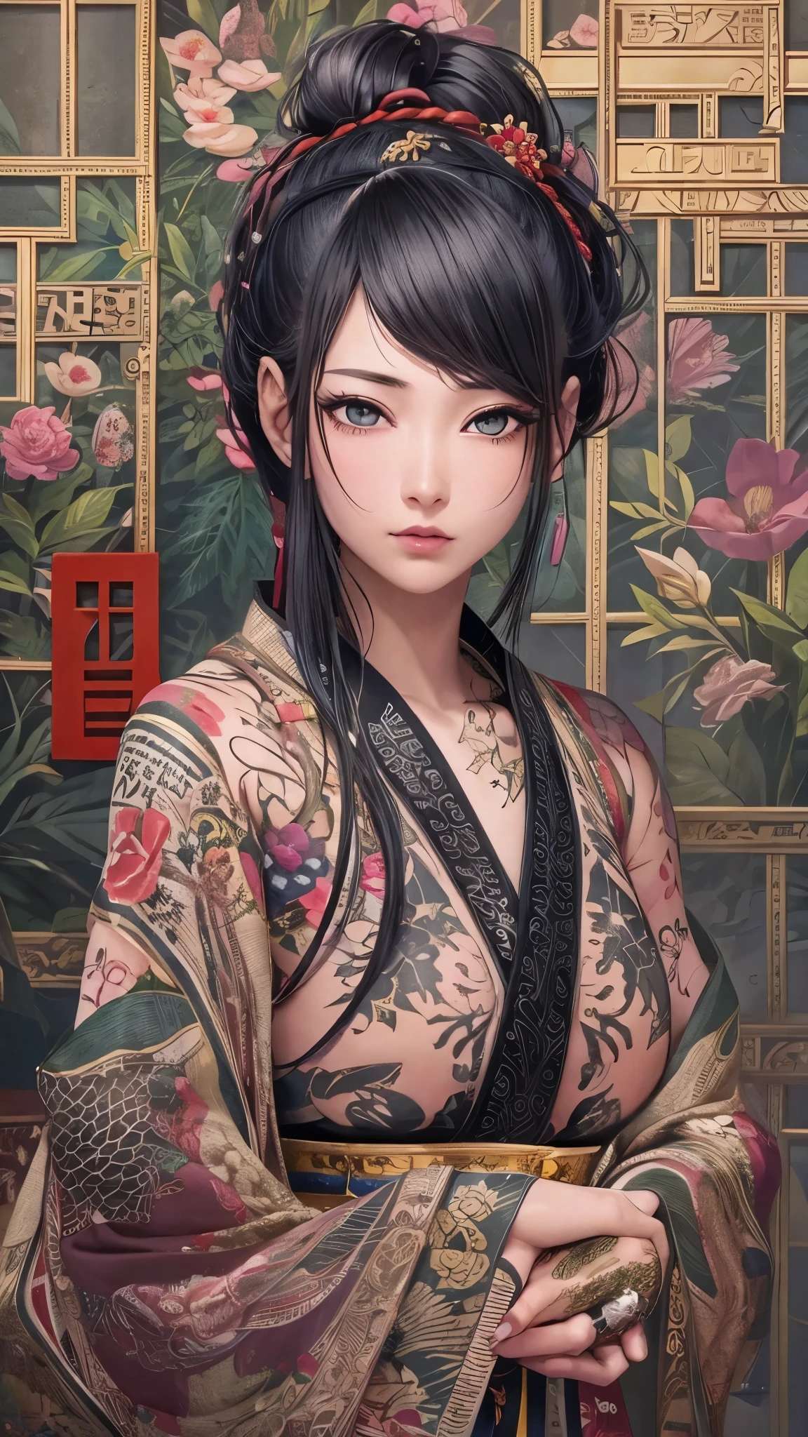 (tmasterpiece,top Quority,best qualtiy,offcial art,Beauty and aesthetics:1.2),(1girl:1.3),The is very detailed,Most detailed,(chinese Traditional cloth:1.2), tattoo on breasts