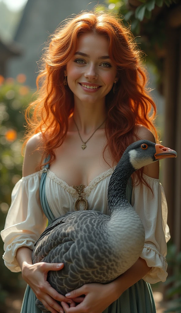 1 girl with red hair in a pigtail, hair decorated with many flowers, white skin, big breasts, big butt, green Lace Lingerie outfit, background next to a giant chicken, standing and posing