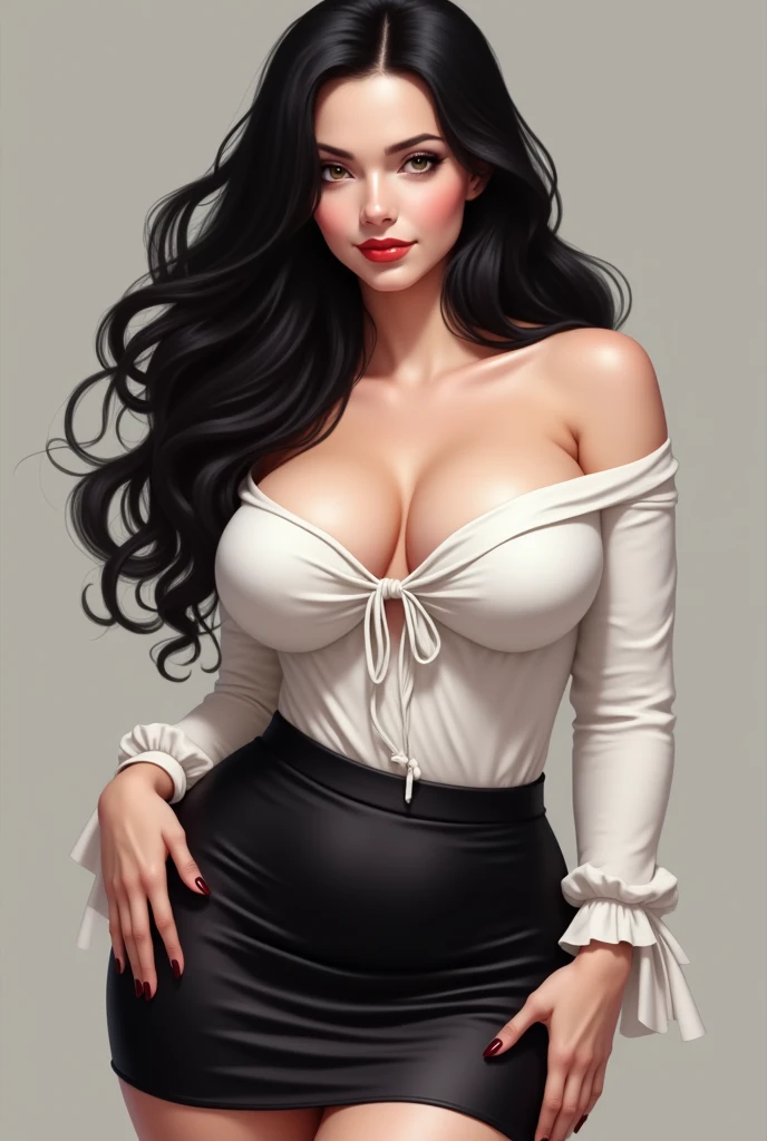 A black and white illustration of a woman with long hair and a low-cut top. She has a pearl necklace and a serious expression. De fondo un muro de ladrillo con rajaduras .y solo los ojos son azules