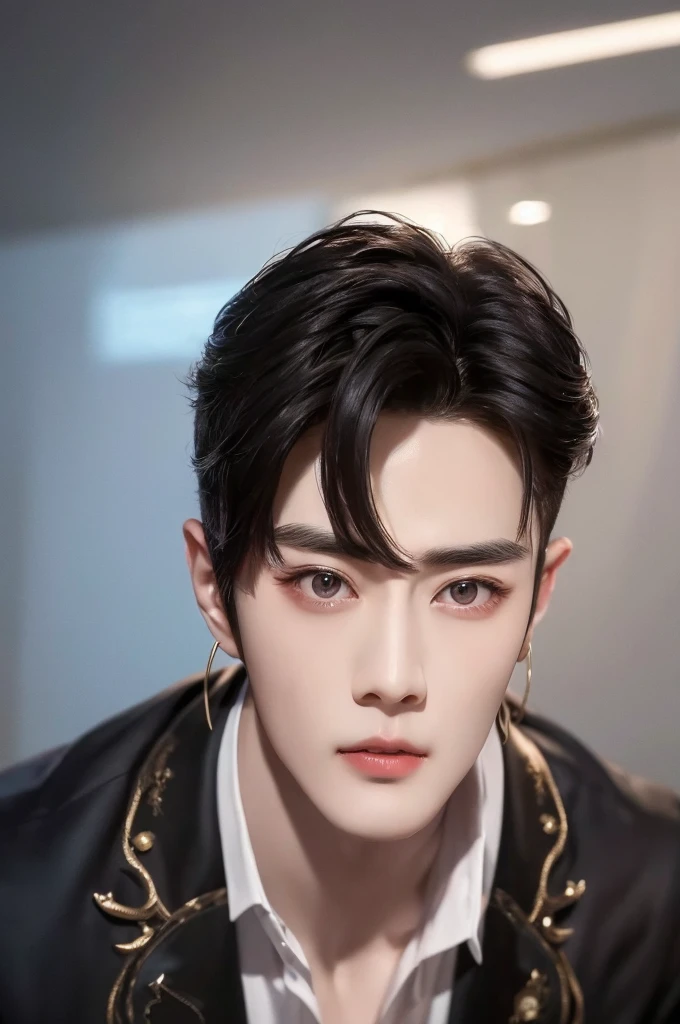 Xiao Zhan,A close-up of a handsome and handsome man with a hairpin in his hair, Realistic. Xiao Zhan,Big handsome guy,Invincible big handsome guy,Unparalleled beauty,The eyes are very beautiful and pure,Oriental classical temperament beauty