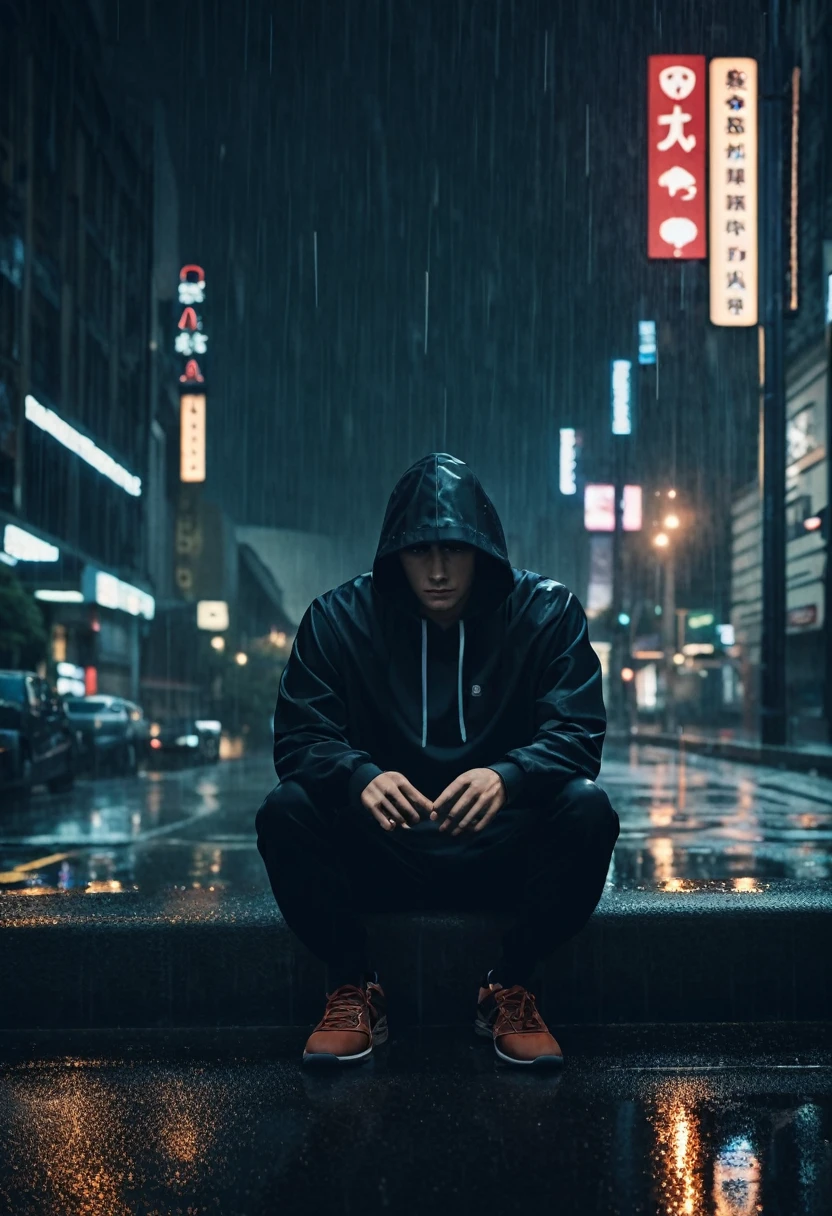 A man wearing a hoodie sitting on the side of the road in the rain in a city