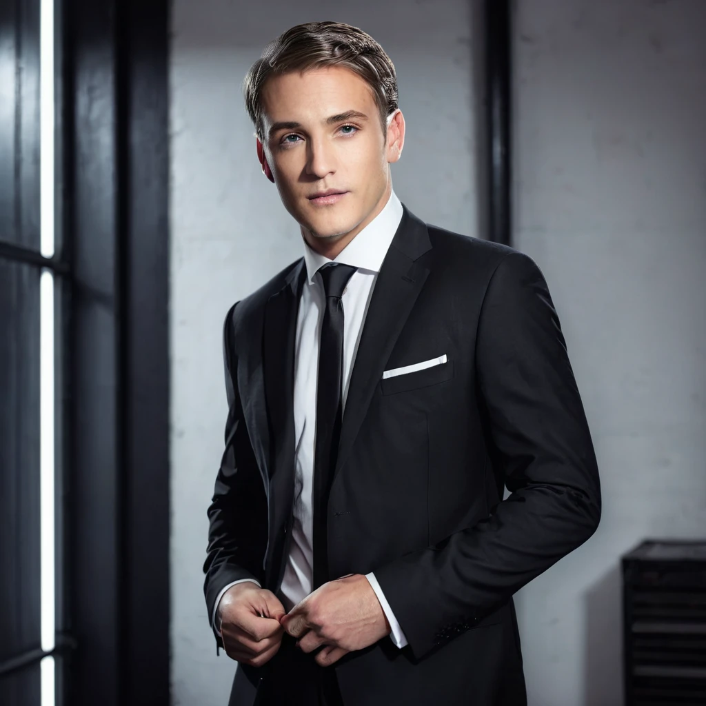 wearing a dark suit with a white shirt and a matching dark tie, neatly styled short hair, standing indoors, modern industrial background with bright lighting, formal and professional atmosphere.