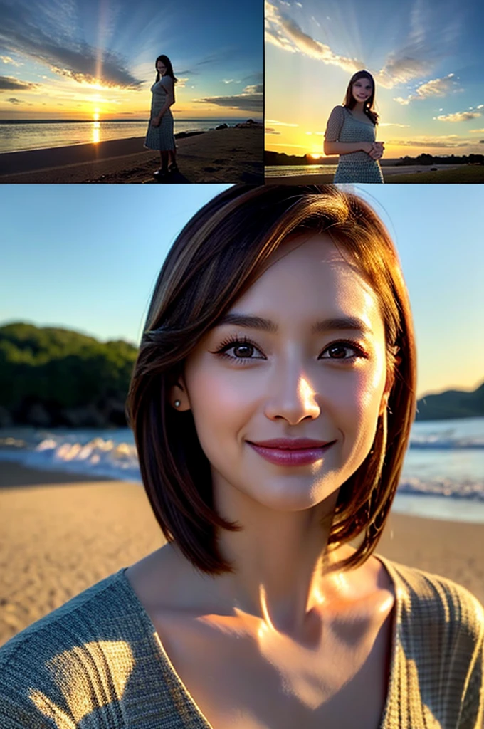 ((from below:1.5)), ((whole body:1.5)), (ultra detailed), (masterpiece), (best quality), Highest quality, Realistic, Surreal, Highest quality, Extremely detailed CG, Very delicate, 16K wallpaper, High resolution, 1 Girl, 43歳の日本people女性, (small eyes:1.5), ((Two very small moles on my right cheek:1.5)), (Skin dents), Medium Chest, (cinematic lighting), (barefoot), (Beach), (Sea and sandy beaches), people々, (bob cut:1.5), (medium hair:1.5), (graduated haircut:1.5), ((Knit-Bikini:1.5)), (I wore it:0.8), Nice, bloom, Floating Hair, (Dynamic pose:0.6), BREAK ((in the night:1.5)), Beautiful moonlit night sky, (Shy Smile:1.2), Thin lips, slim, (Highly detailed face), (Highly detailed facial expressions), (Face the front completely:1.5), ((Looking into the camera:1.5)), Slender body, Large file size,